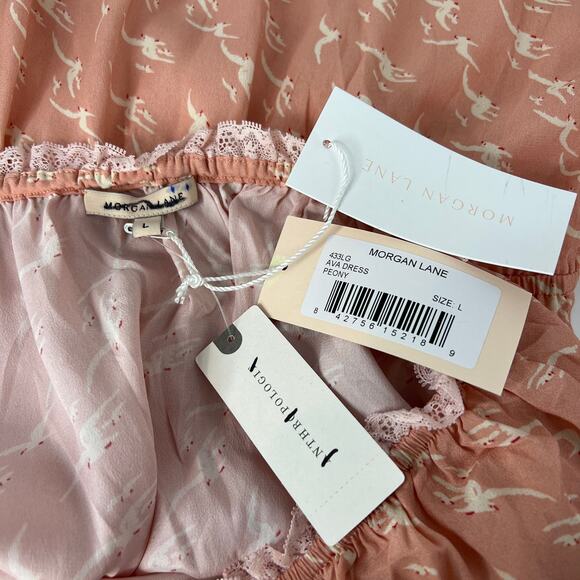 Morgan Lane Ava Mini Silk Dress Peony Pink Blush Printed Bird Motif - Picture 4 of 10